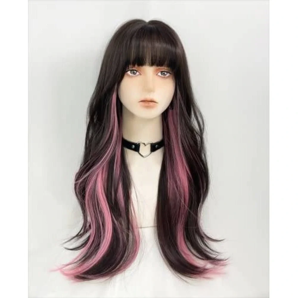 Long Wavy Dark Brown‎ Wig with Pink Highlights and Bangs Synthetic Cosplay Hair